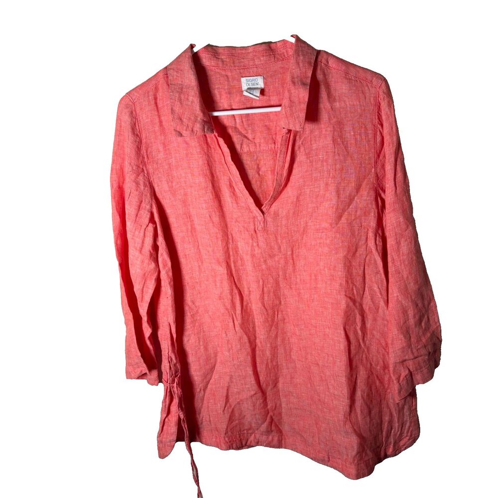 Sigrid Olsen Blouse Women's Medium Pink 100% Linen 3/4 Sleeve Tie Casual Top